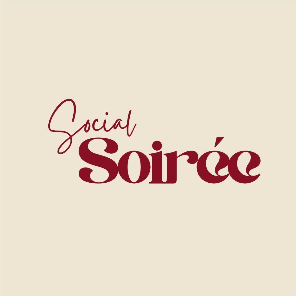 Social Soiree elegant logo in dark red script and serif fonts on a cream background.