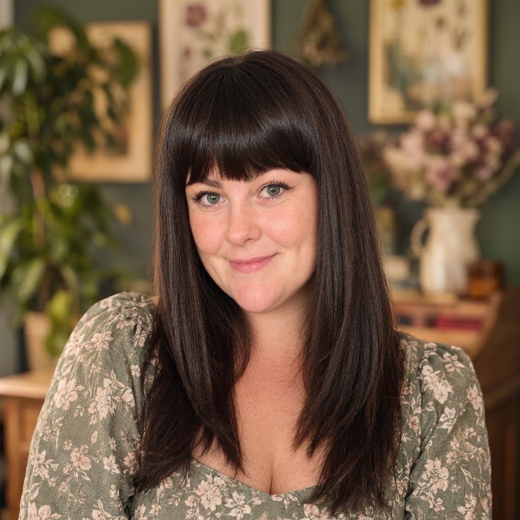 A smiling woman with dark hair and bangs wearing a floral green blouse, posed in a cozy room with plants and artwork.