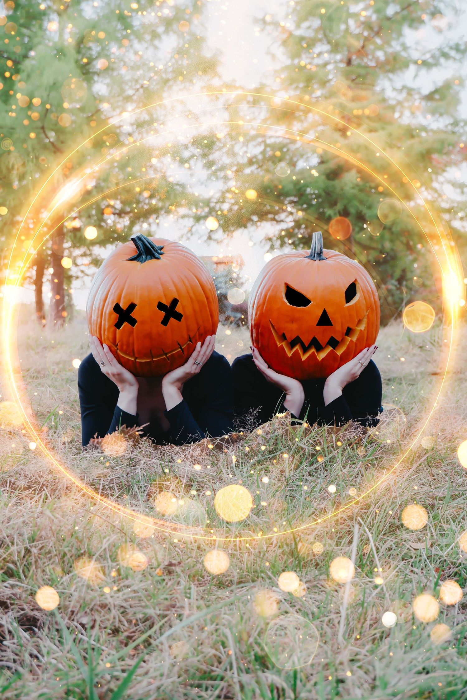 Two people holding carved Halloween pumpkins over their faces, sitting in a field with magical glowing bokeh lights.