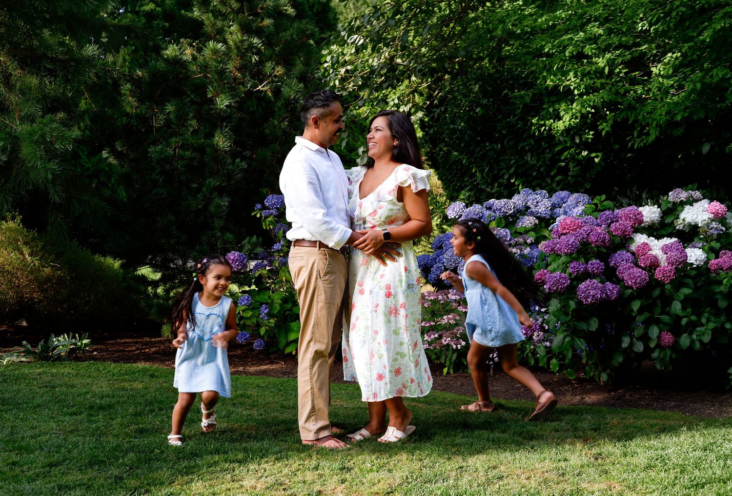Family of four enjoying a sunny garden with colorful hydrangeas blooming in the background.