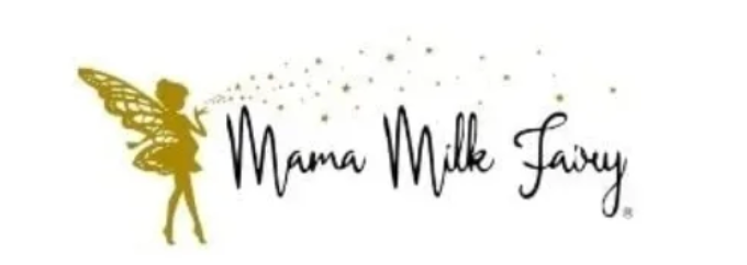 Mama Milk Fairy logo featuring a golden fairy silhouette with sparkles and elegant script lettering.