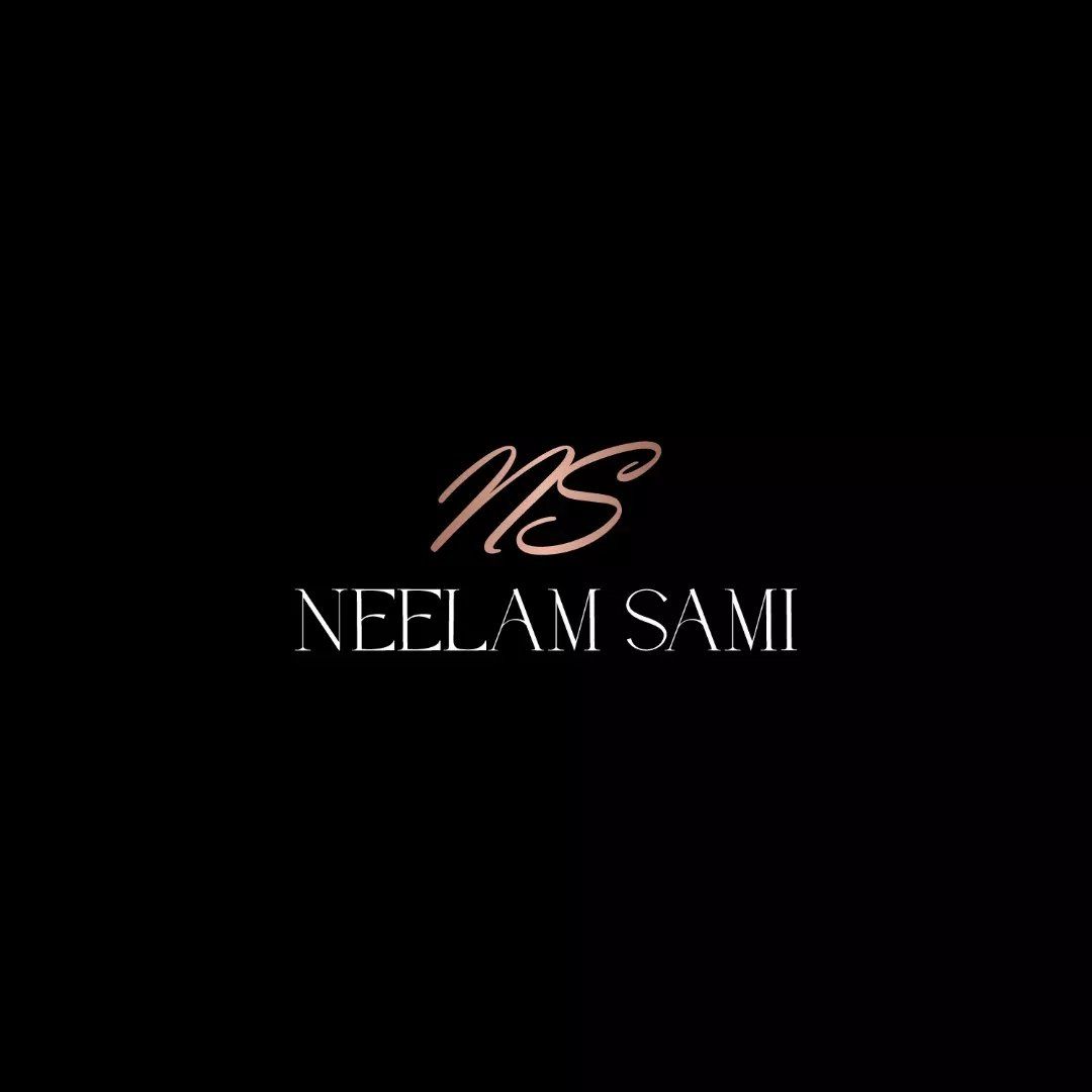 Neelam Sami elegant rose gold logo with NS monogram on black background.
