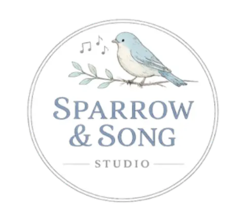 Sparrow & Song Studio logo featuring a blue bird on a branch with musical notes in a circular design.