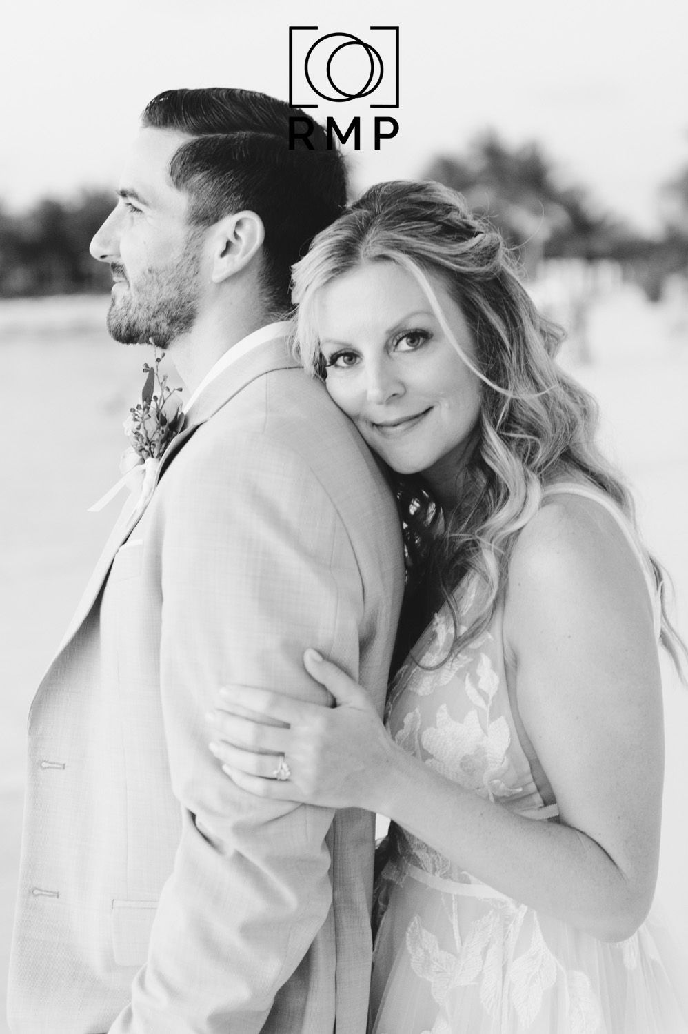 Black & White photo of a wedding couple on a Caribbean beach. Rachel Mares Photography. Destination and New Mexico photography.