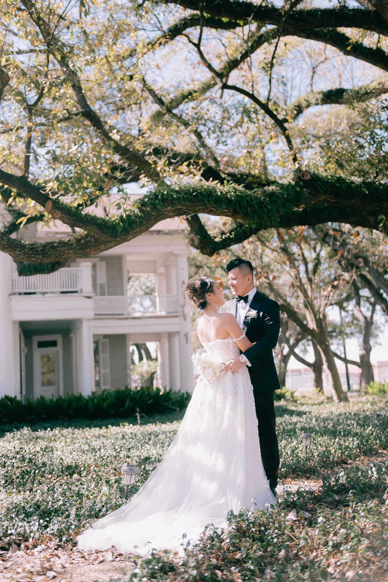 Wedding couple posing under majestic oak trees with a white colonial-style building in the background.