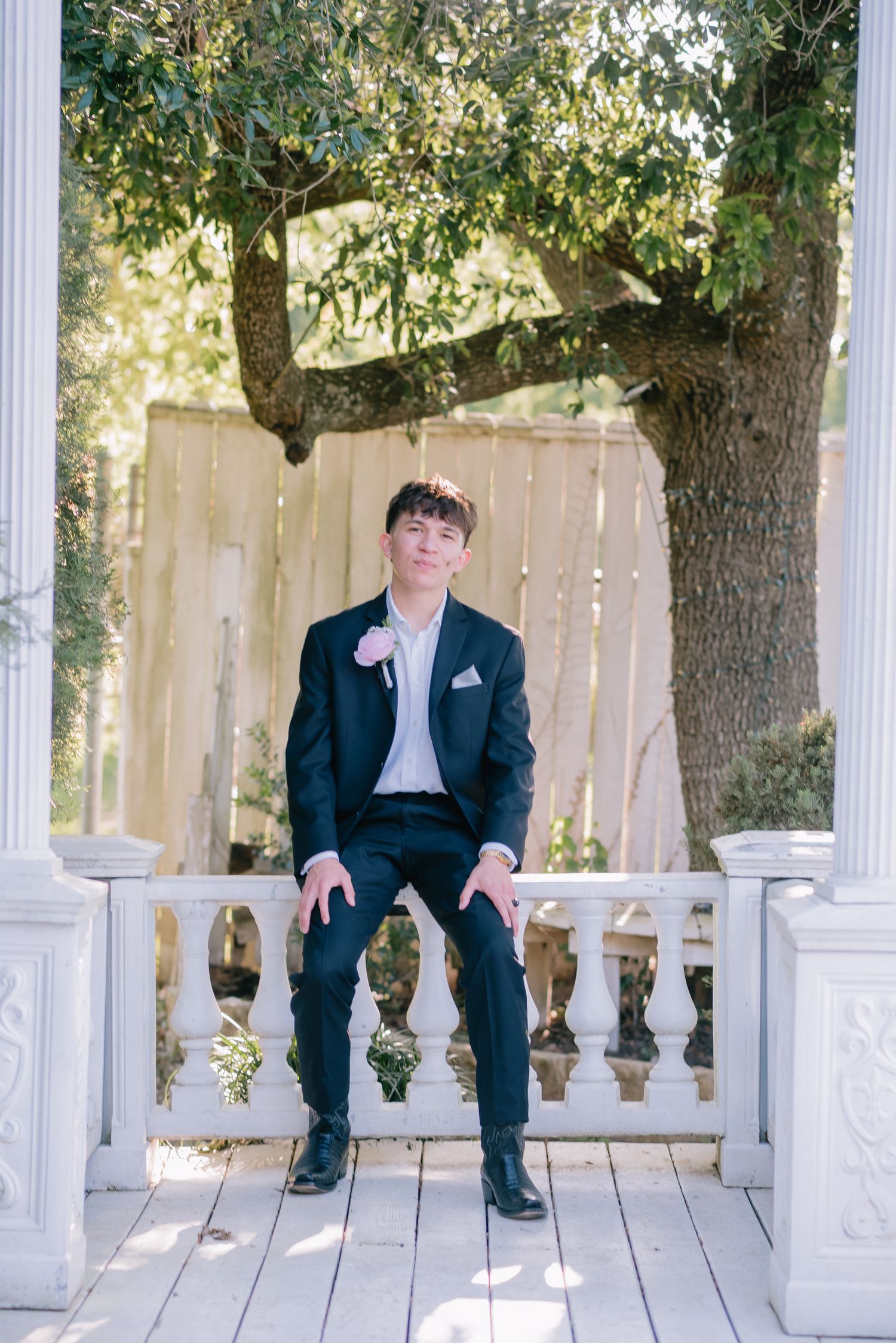 Series of portraits taken on a white wooden porch with columns and trees in background.
