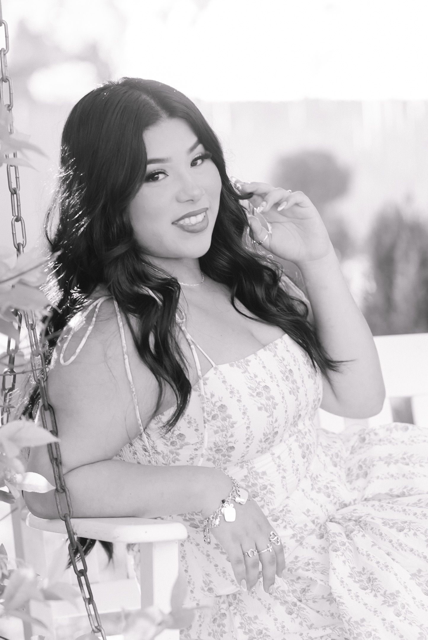 Black and white portrait series featuring lace dress and romantic styling.