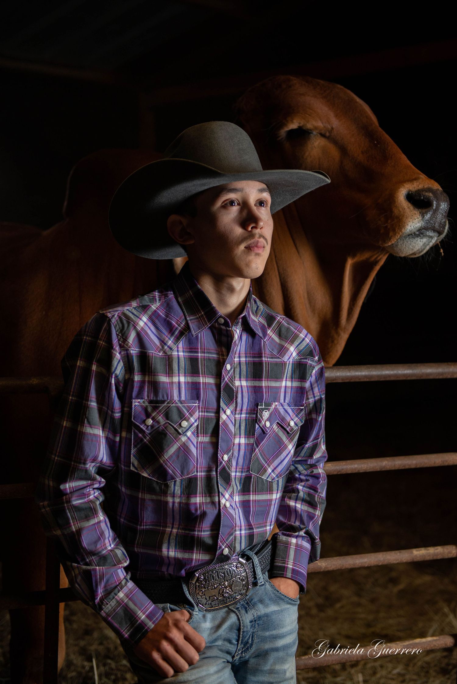 A dramatic barn portrait featuring a plaid shirt, cowboy hat, and brown cow in the background.
