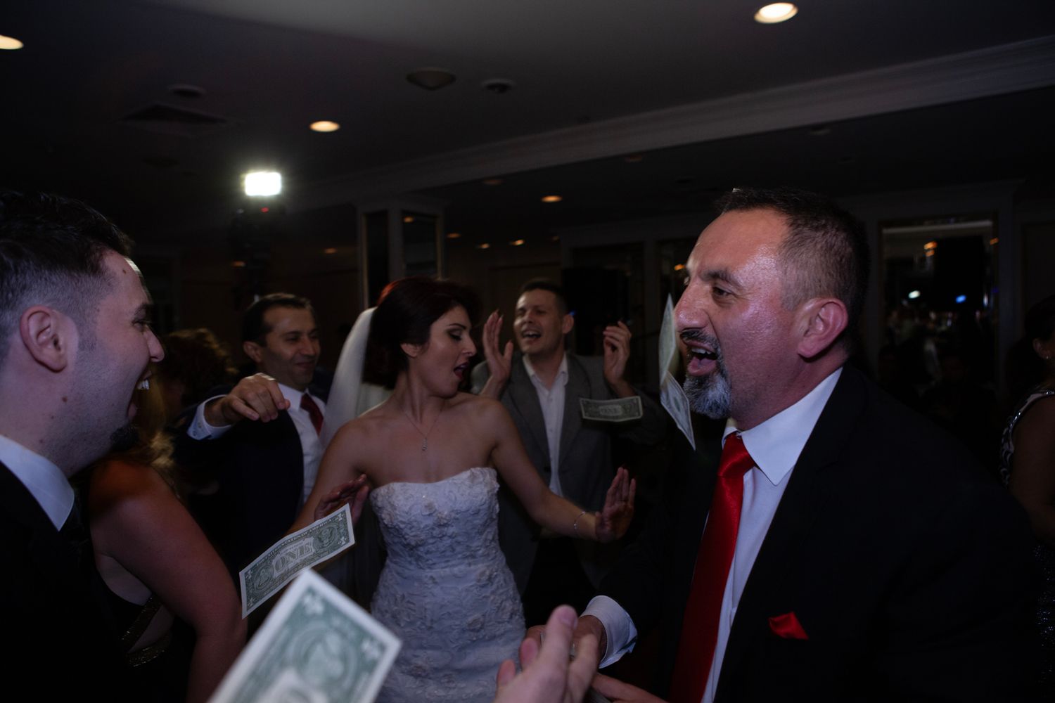 Lively wedding reception scene with guests celebrating.