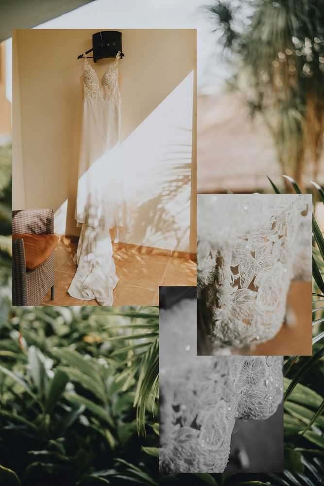 Artistic collage of a delicate lace wedding dress hanging in natural light.