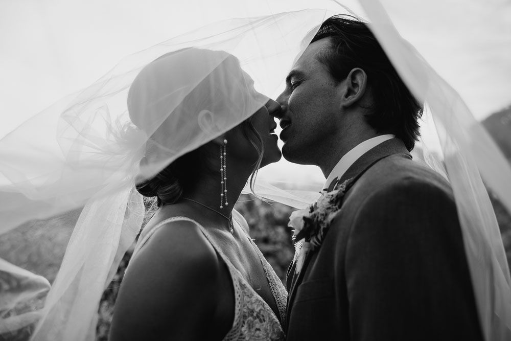 A series of intimate black and white wedding photos showing romantic moments under a veil.