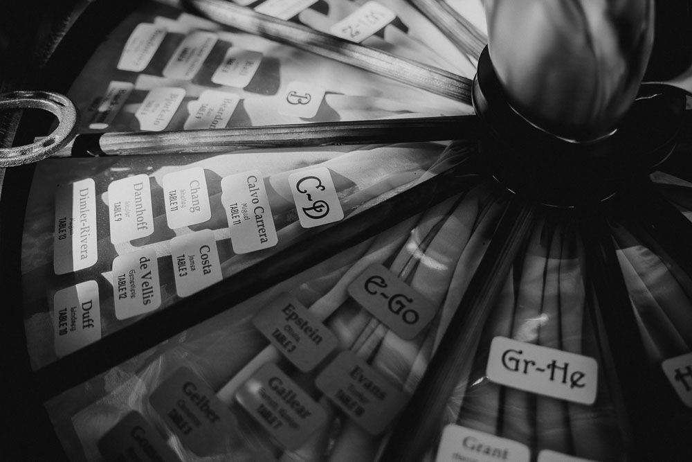 Close-up of wedding table place cards arranged in artistic pattern.