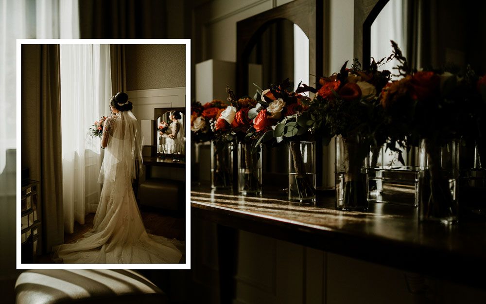 Wedding dress silhouette alongside elegant floral arrangements in glass vases.