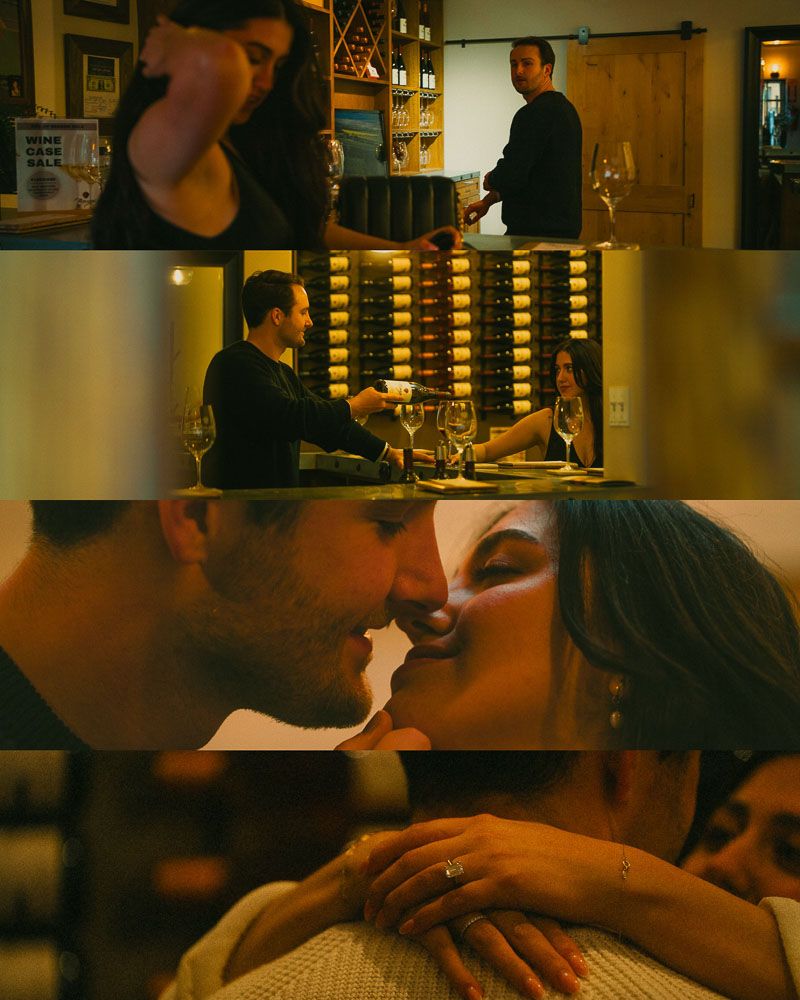 Warm toned indoor couple's portrait with romantic lighting and intimate atmosphere.