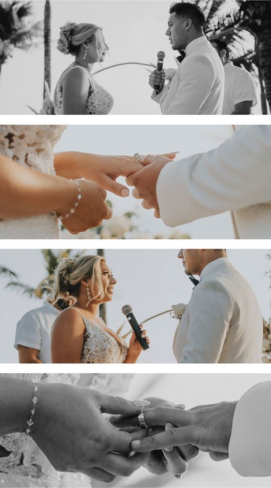 Wedding ceremony moments captured in black and white featuring vows and ring exchange.