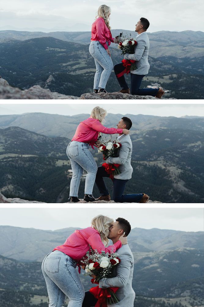 Proposal sequence on mountain overlook with person in pink sweater and grey jeans.