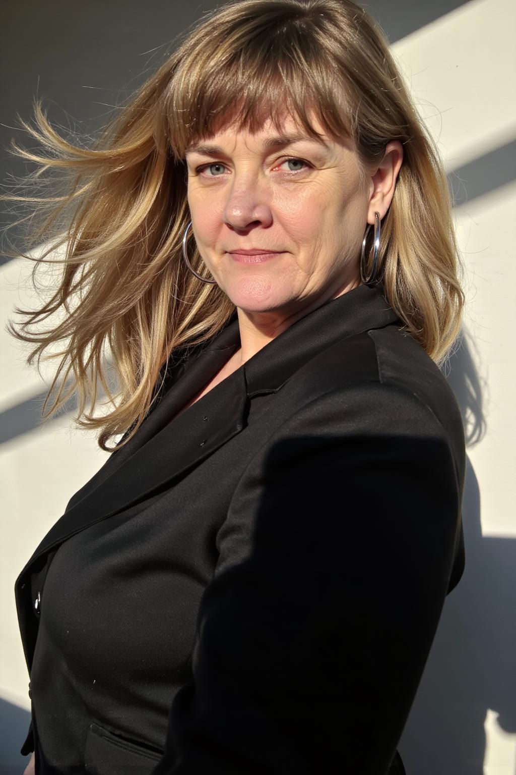A woman in a black blazer smiles and poses against a white wall with dramatic lighting and shadows.