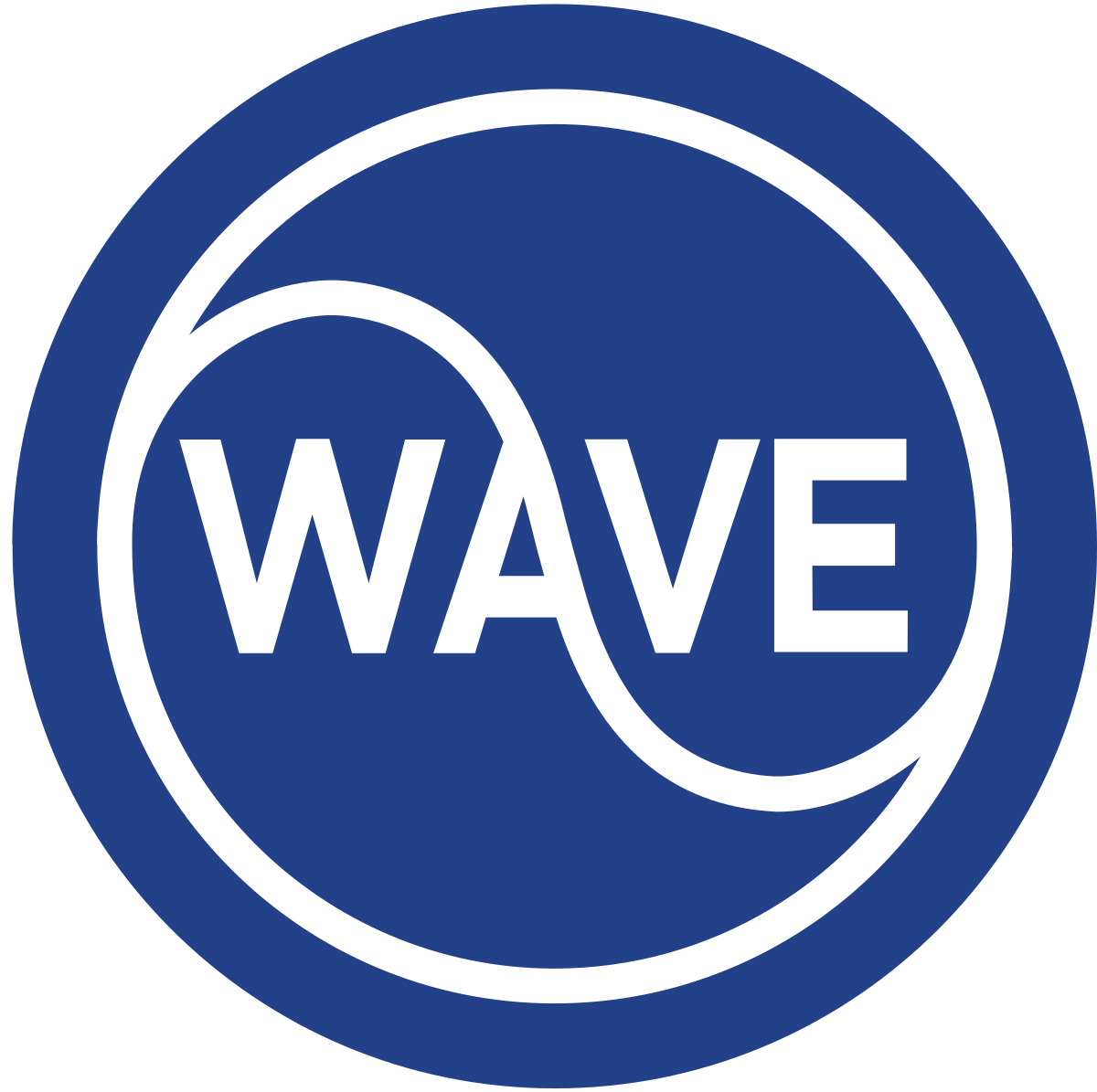 Four blue oval shapes with the word 'WAVE' repeated in white text against a dark background.