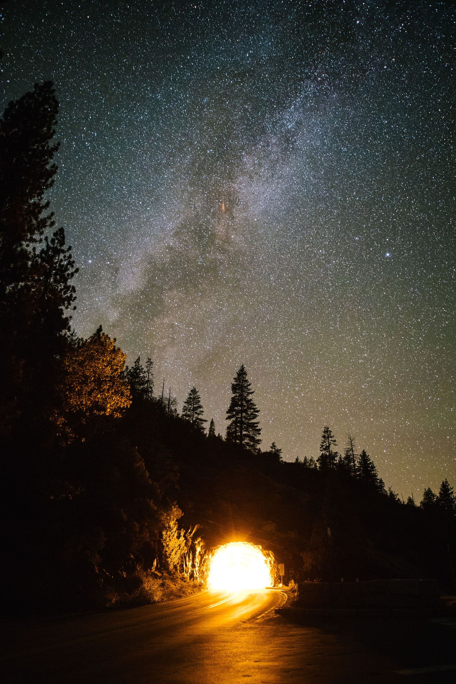 Starry Milky Way stretches above forest silhouettes with bright light source illuminating tunnel entrance.