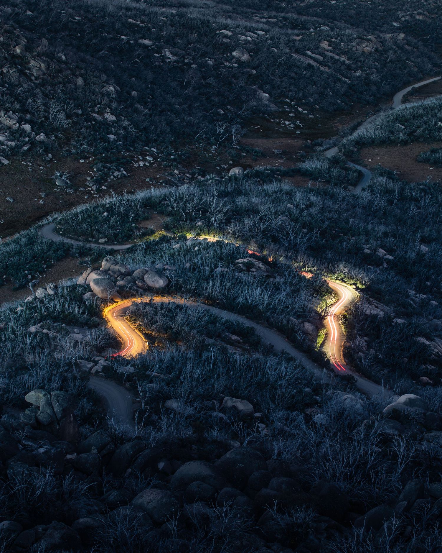 Illuminated winding mountain road creates glowing trails through snow-covered forest landscape at dusk.
