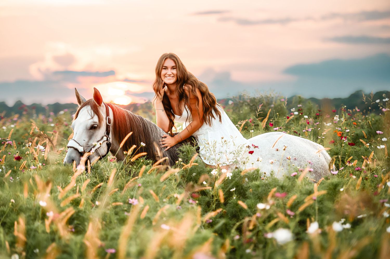 A romantic sunset photo with a horse among wildflowers in golden light.