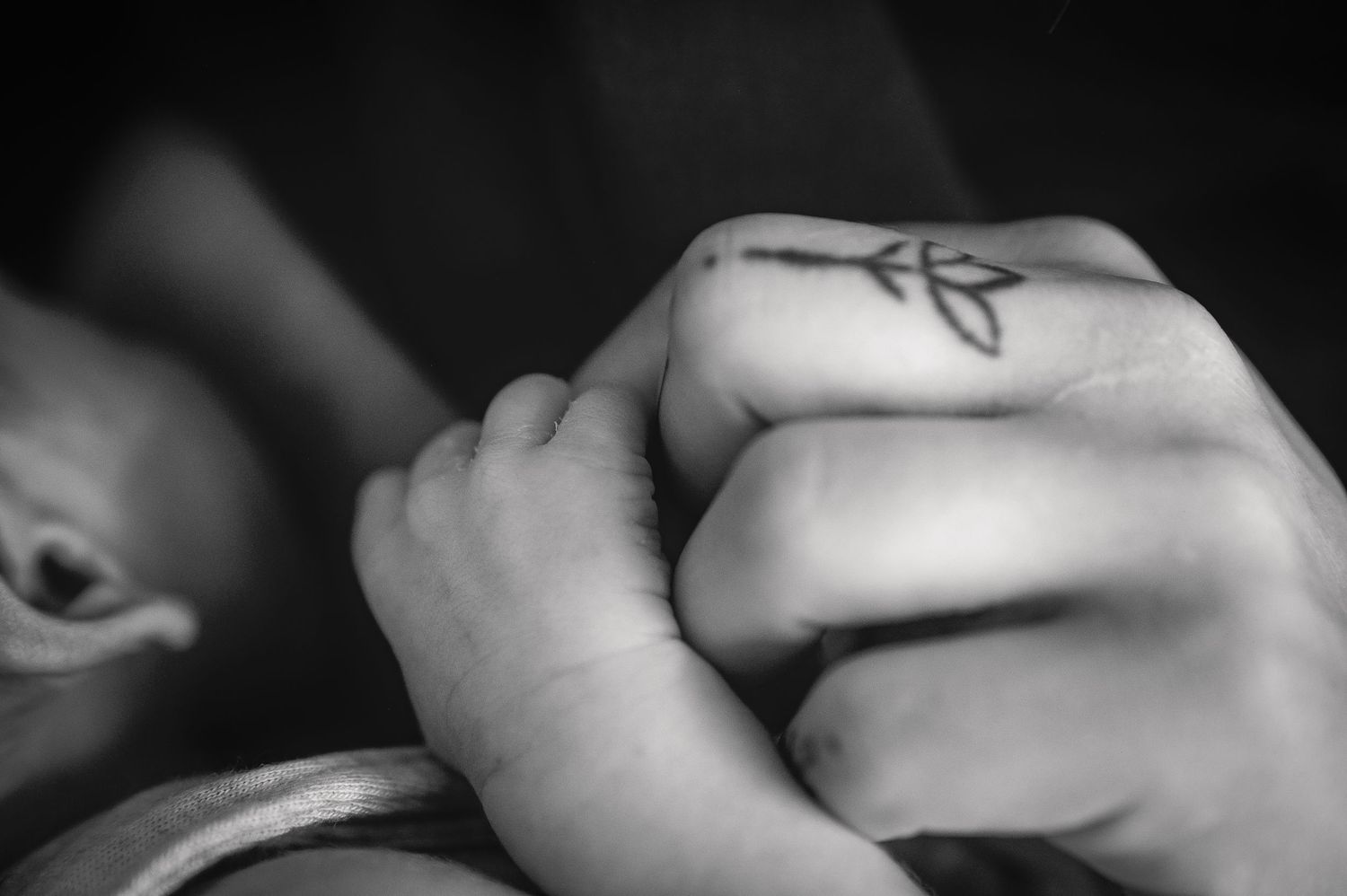 Close-up black and white image of a baby's tiny hand being held.
