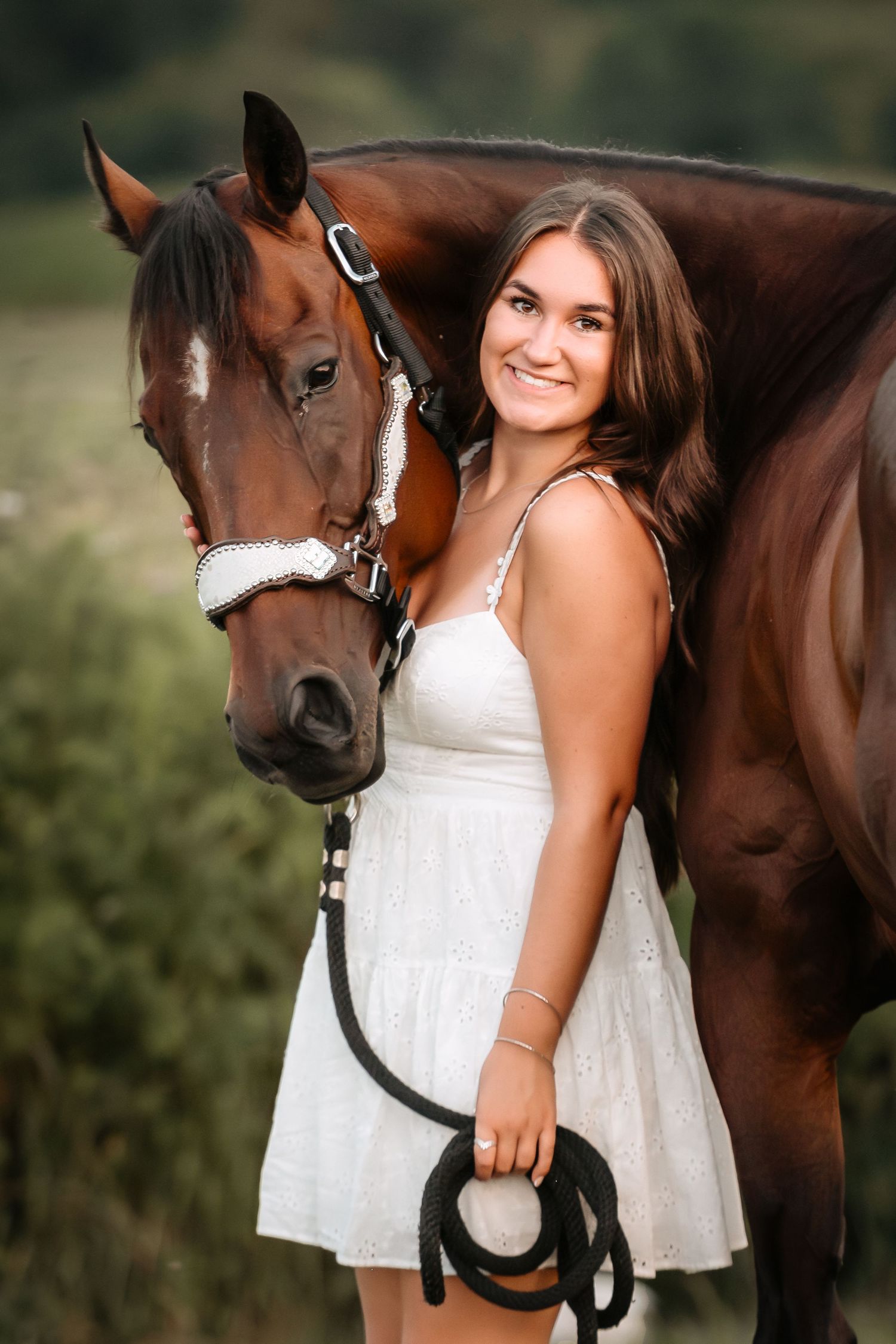 A beautiful bay horse and someone in a white summer dress pose together in a pastoral outdoor setting.