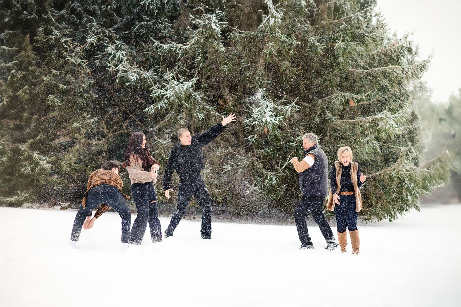 Group playing and throwing snow in winter scene with evergreen trees.