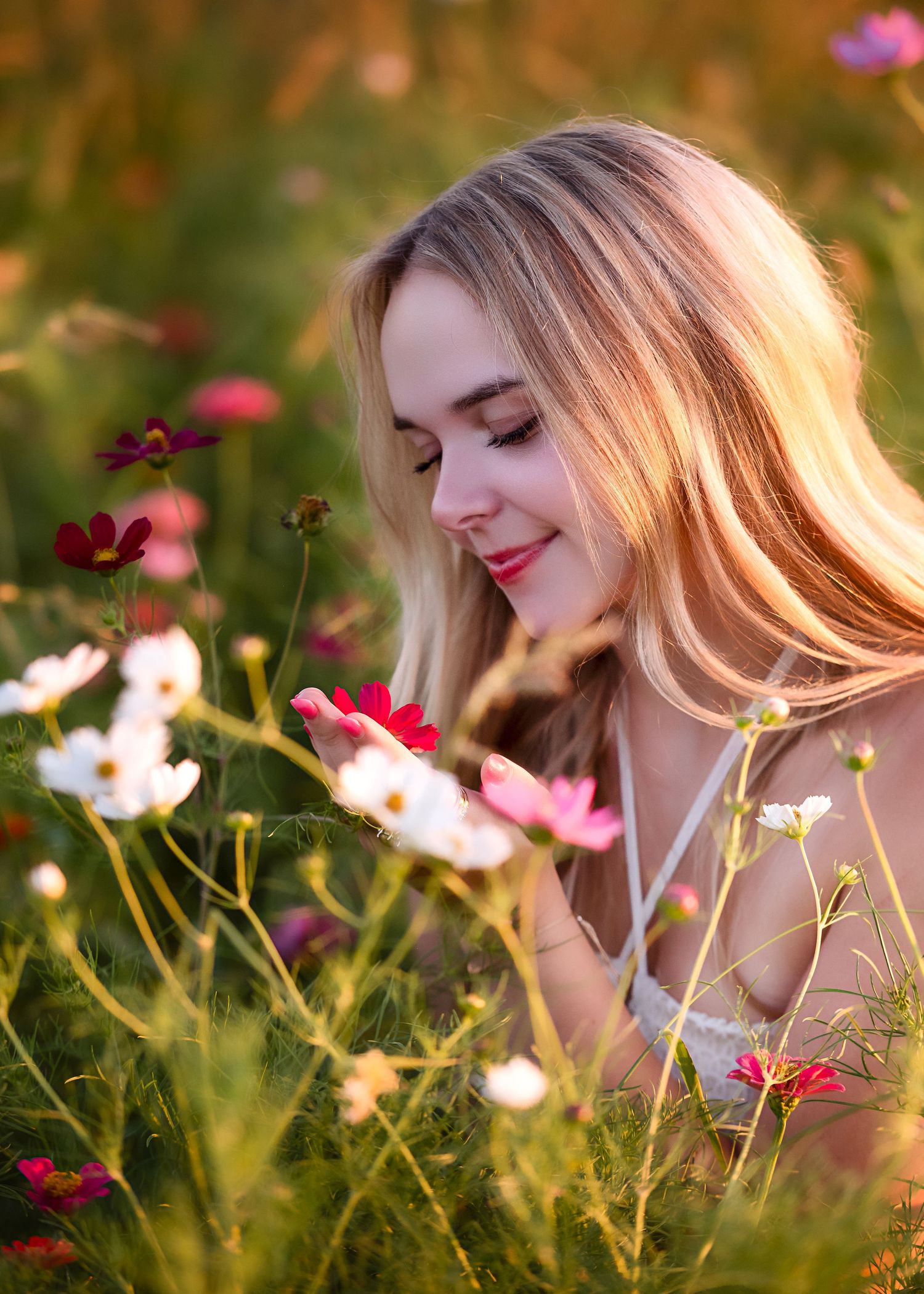 A woman in a flower field poses among pink and white cosmos flowers during golden hour sunset lighting.