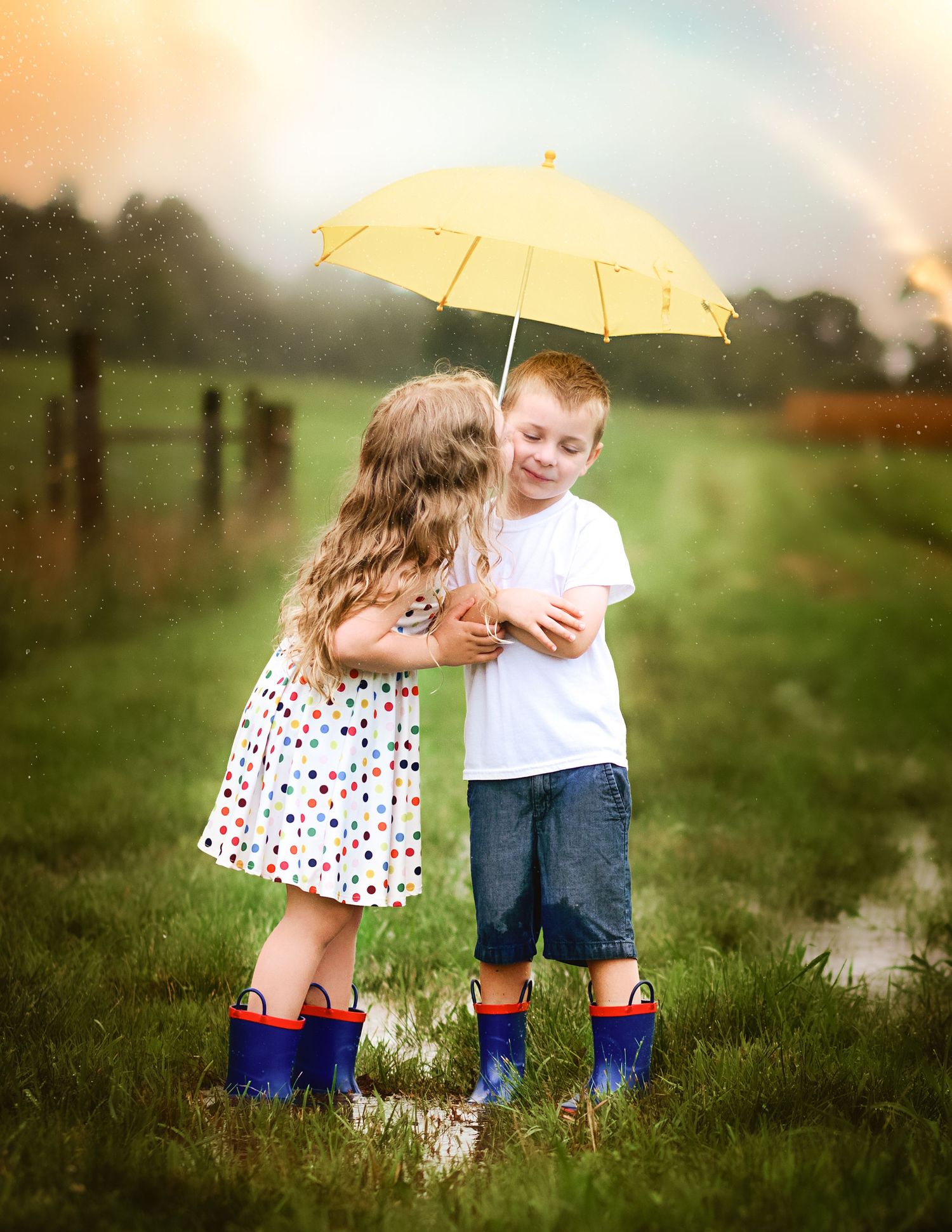 Two children share a yellow umbrella while playing in puddles on a grassy field at sunset.