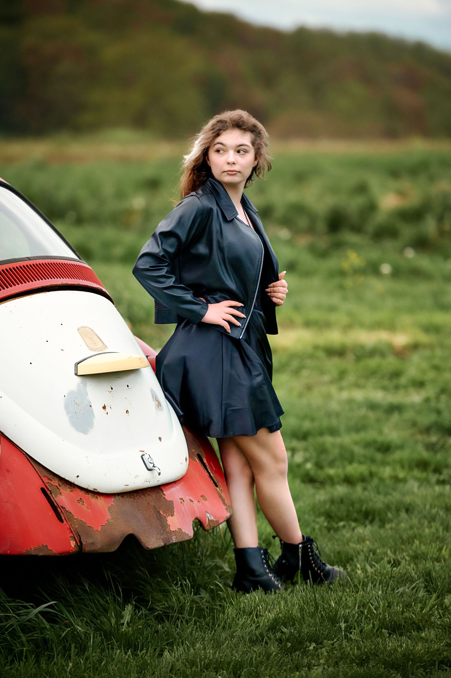 Artistic shots with a vintage aircraft in a grassy field.