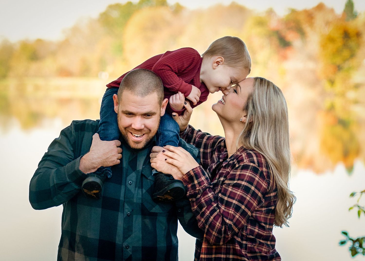 Candid romantic moments captured during a fall engagement photo session.