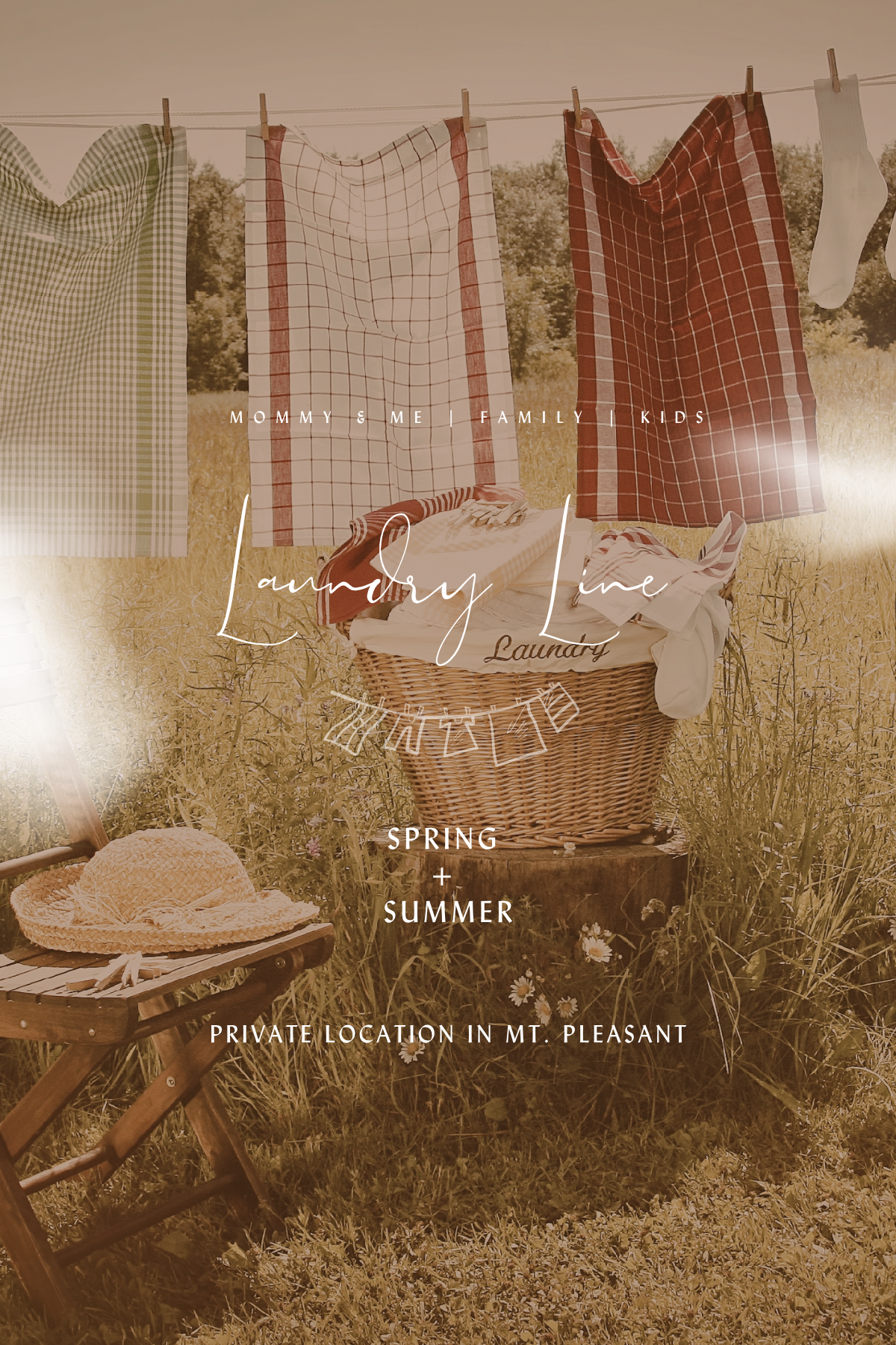 Rustic laundry line with colorful towels hanging outdoors, wicker basket on stump, spring summer photo session in Mt. Pleasant.