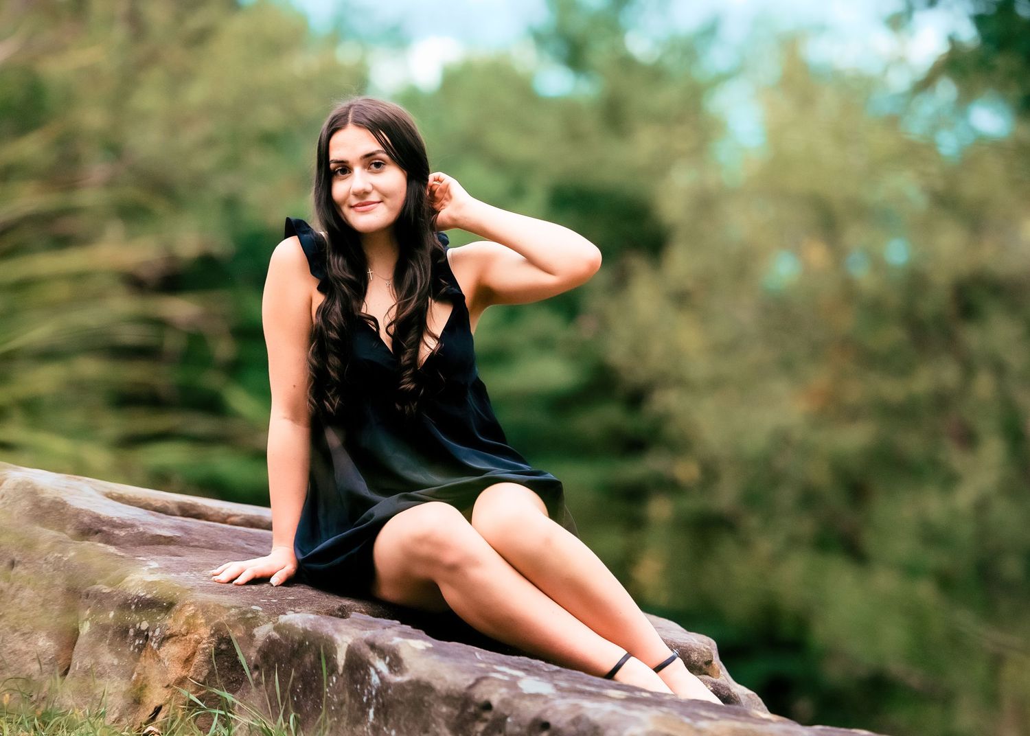 A series of outdoor portrait photos taken in a natural setting with trees and greenery in the background.