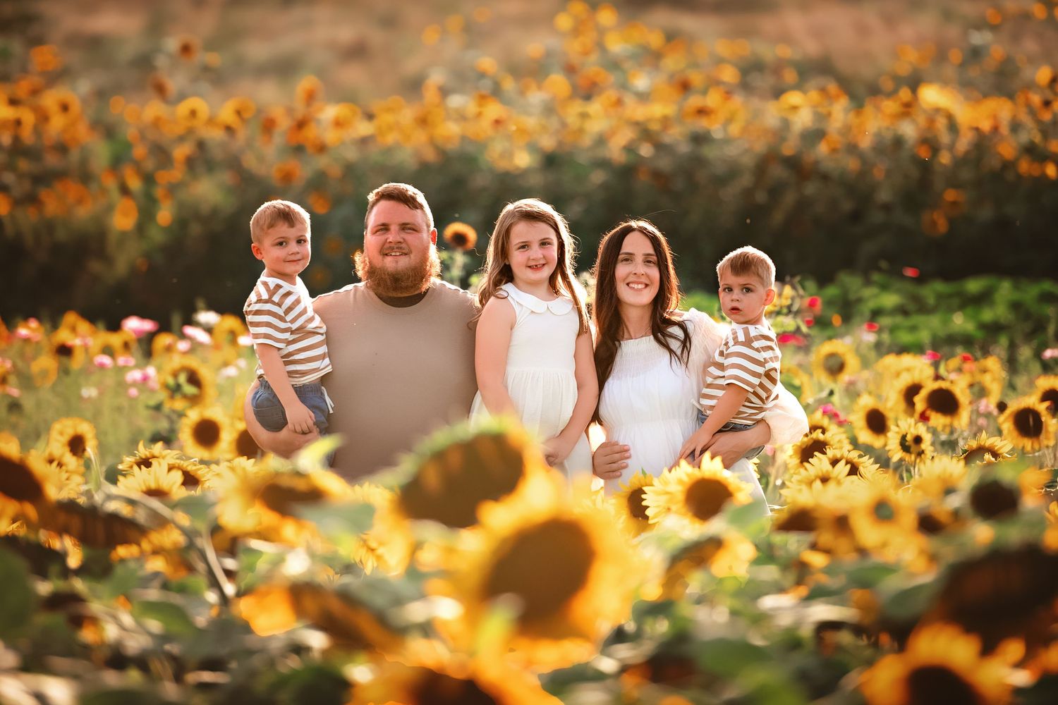 Group portrait in a vibrant sunflower field during golden hour.