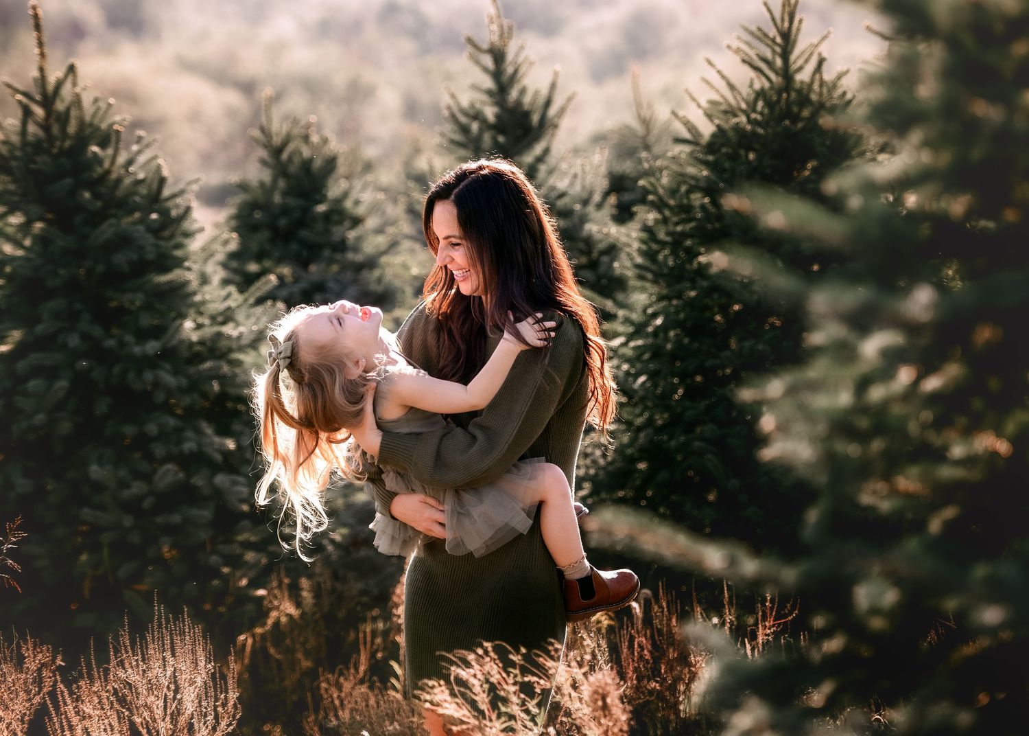 Silhouetted couple embracing against a backdrop of evergreen trees during golden hour.