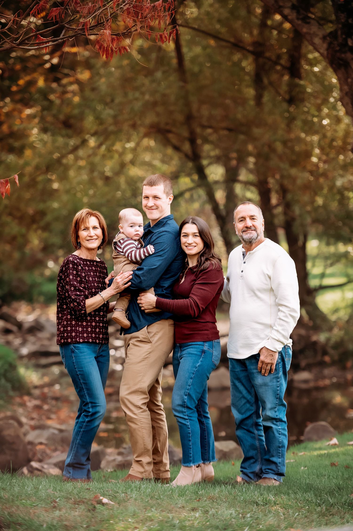 A playful family photo sequence showing joyful interactions among family members in an autumn outdoor setting.