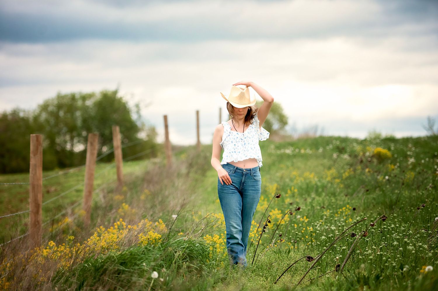 Scenic countryside landscape with wildflowers and wooden fence posts.