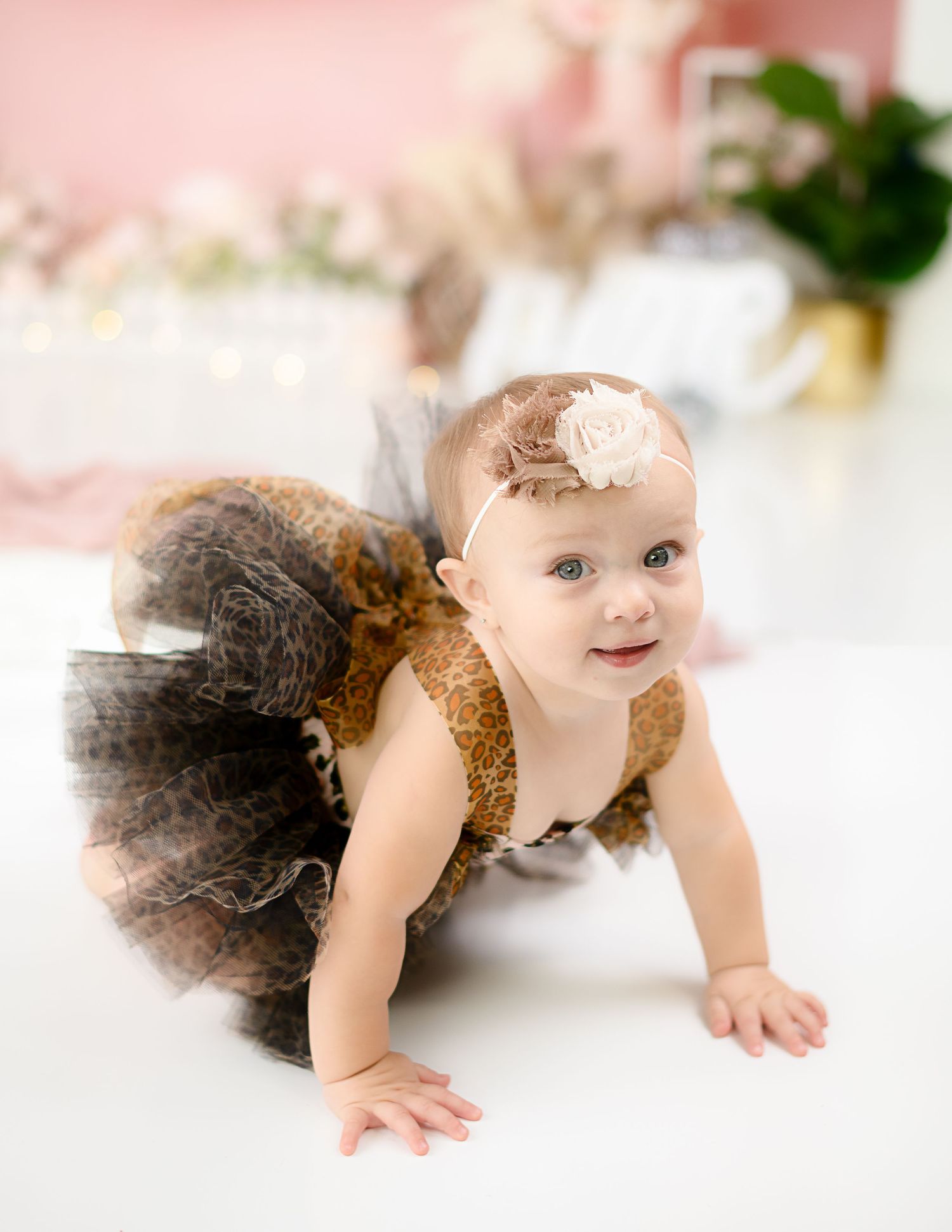 Sweet baby in black tulle dress crawls on white floor during professional photo session.