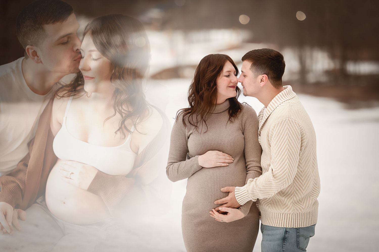 Romantic couple photography session with soft sepia tones and intimate poses in natural light.