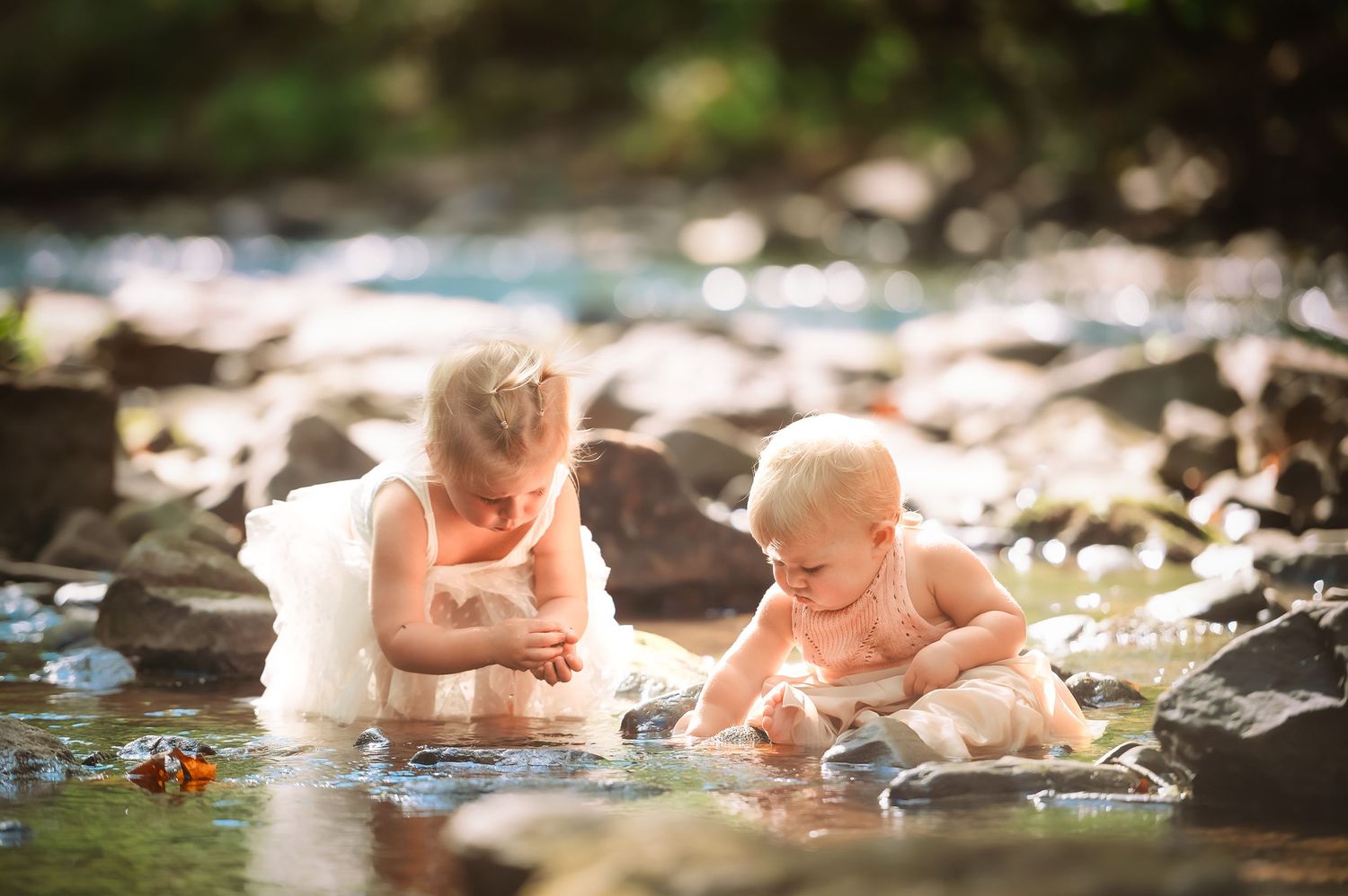 Two young children playing in shallow stream with rocks.
