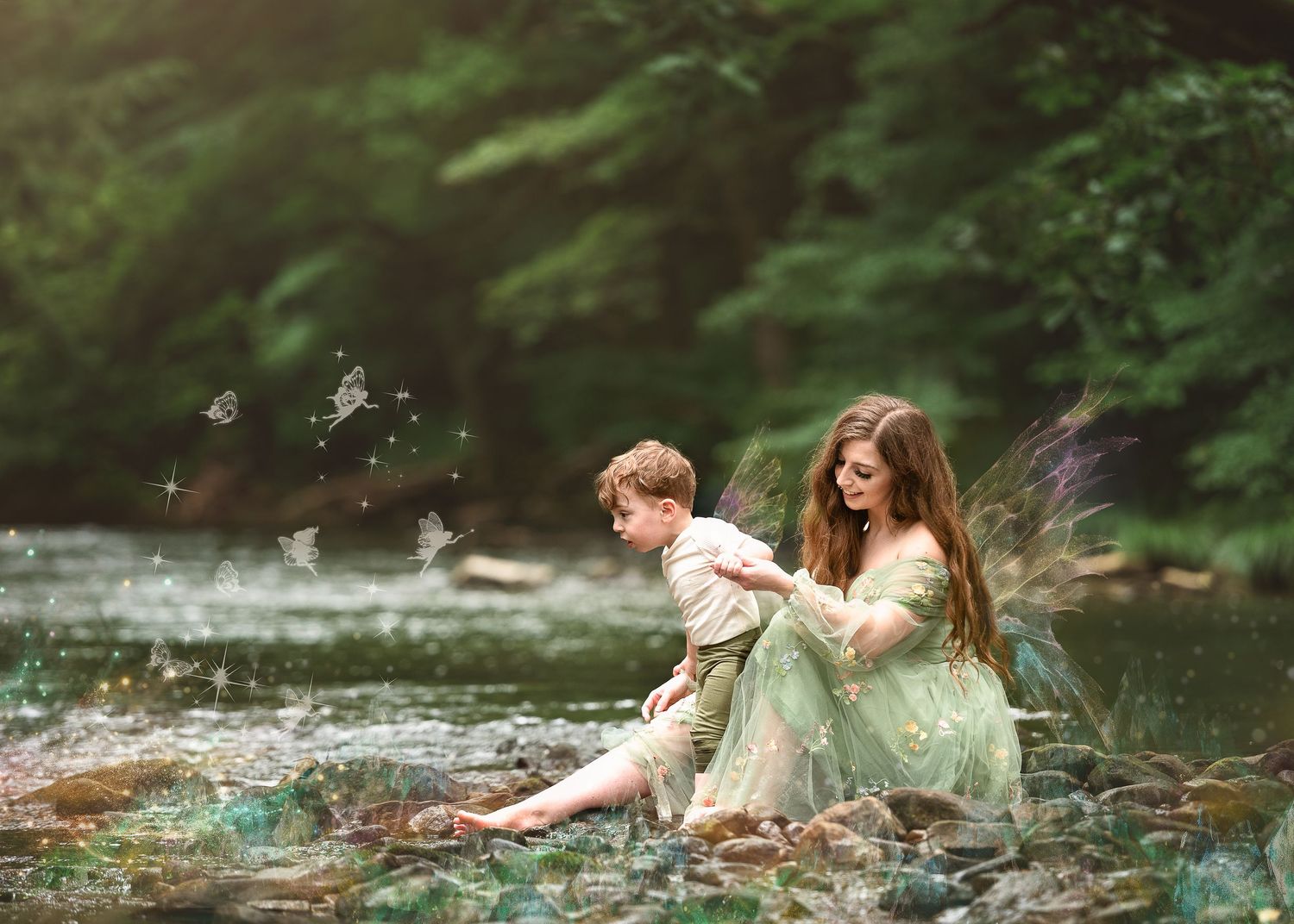 Playful water splashing photography session in a serene forest stream.