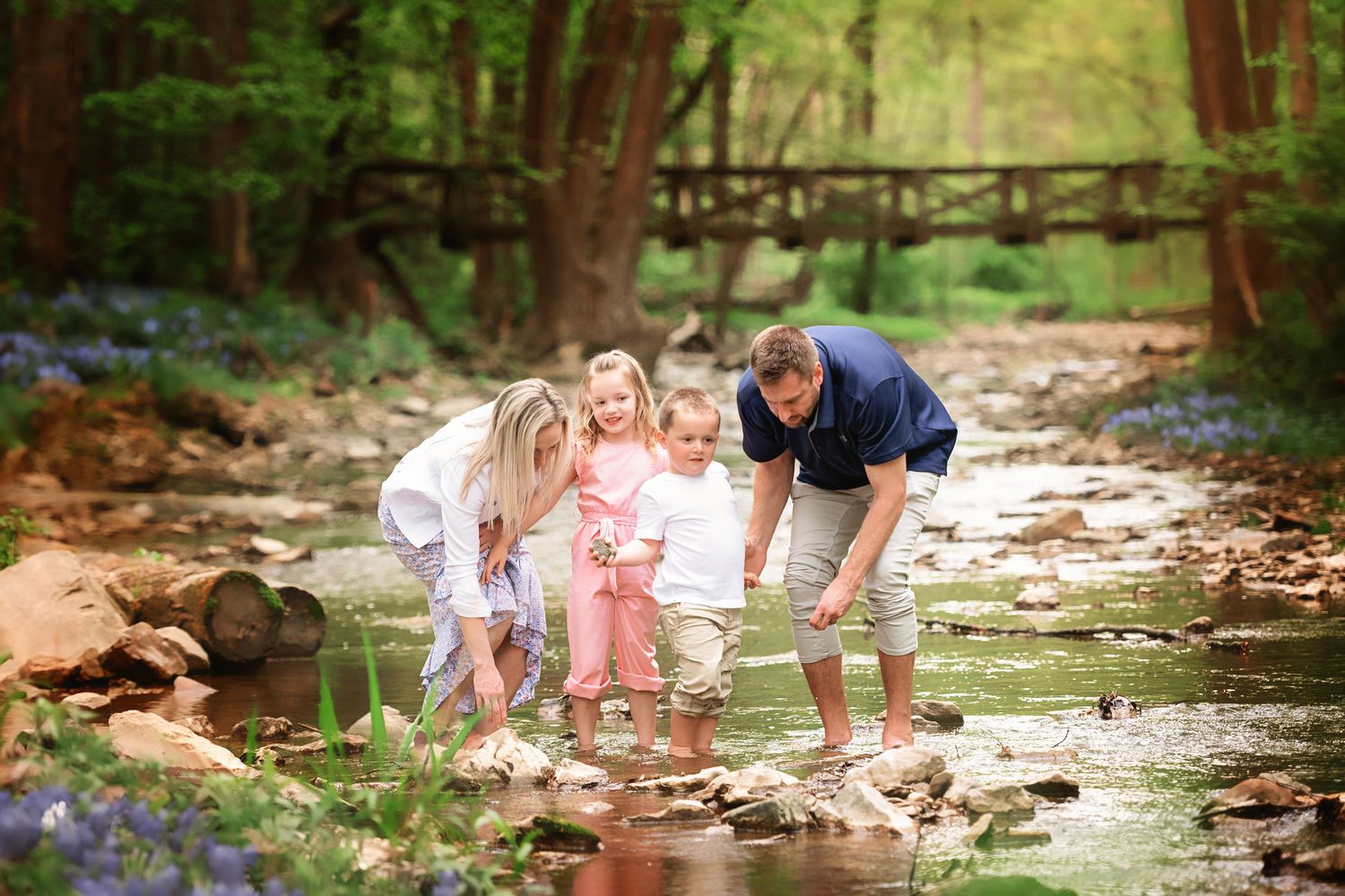 Family exploring and playing together in a shallow creek surrounded by lush forest on a sunny day.