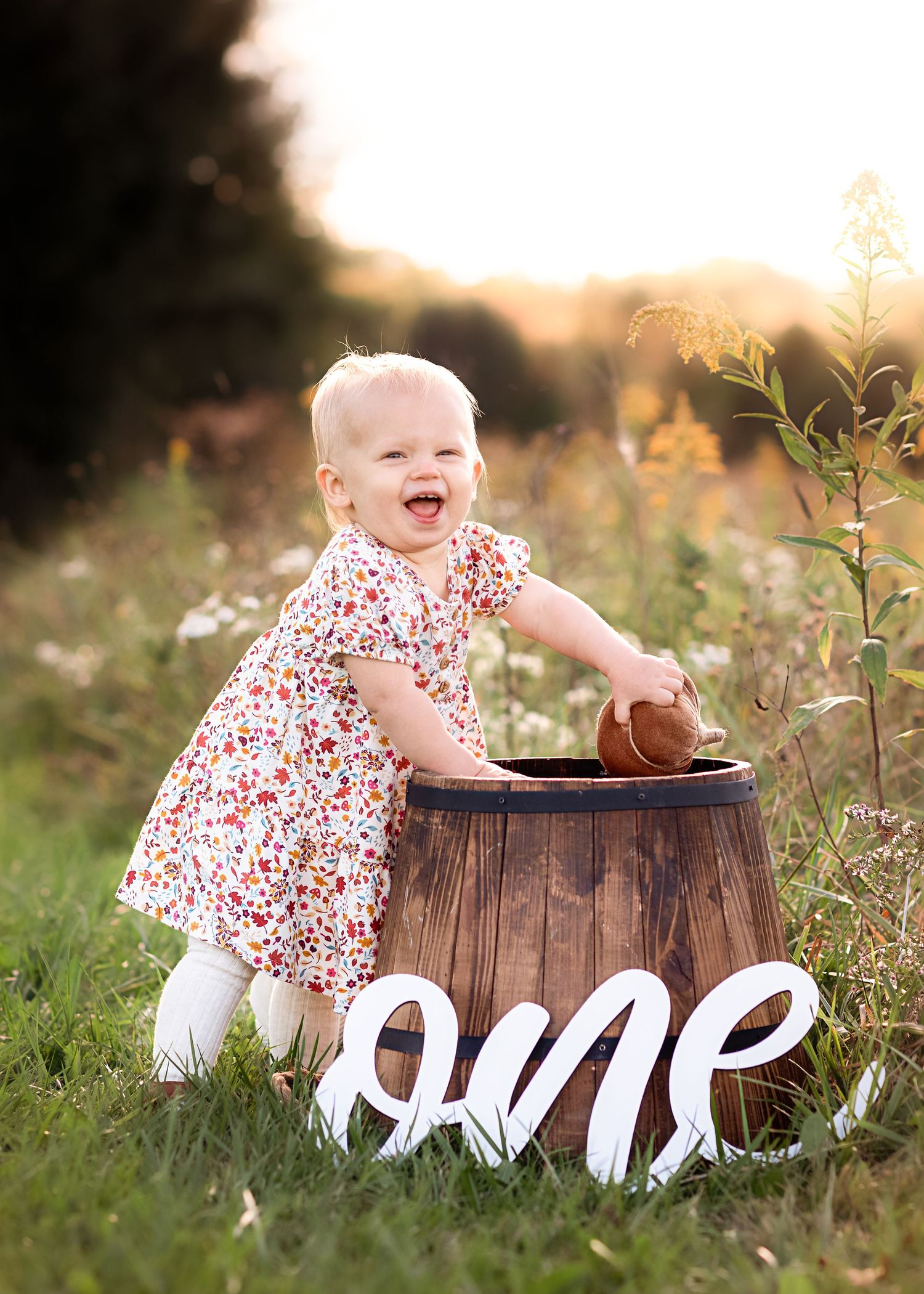 Small wooden barrel prop placed in a grassy field during golden hour photography session.