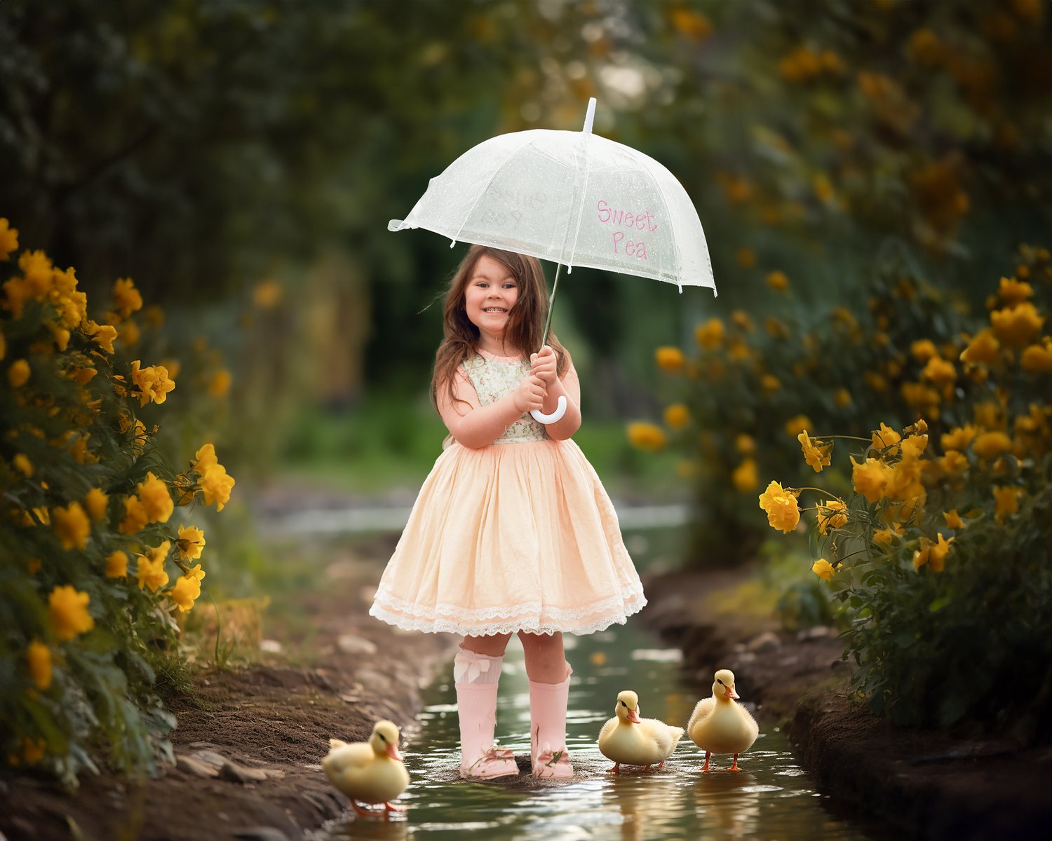 A child in a peach dress and white umbrella stands among yellow wildflowers next to baby ducklings in a garden setting.