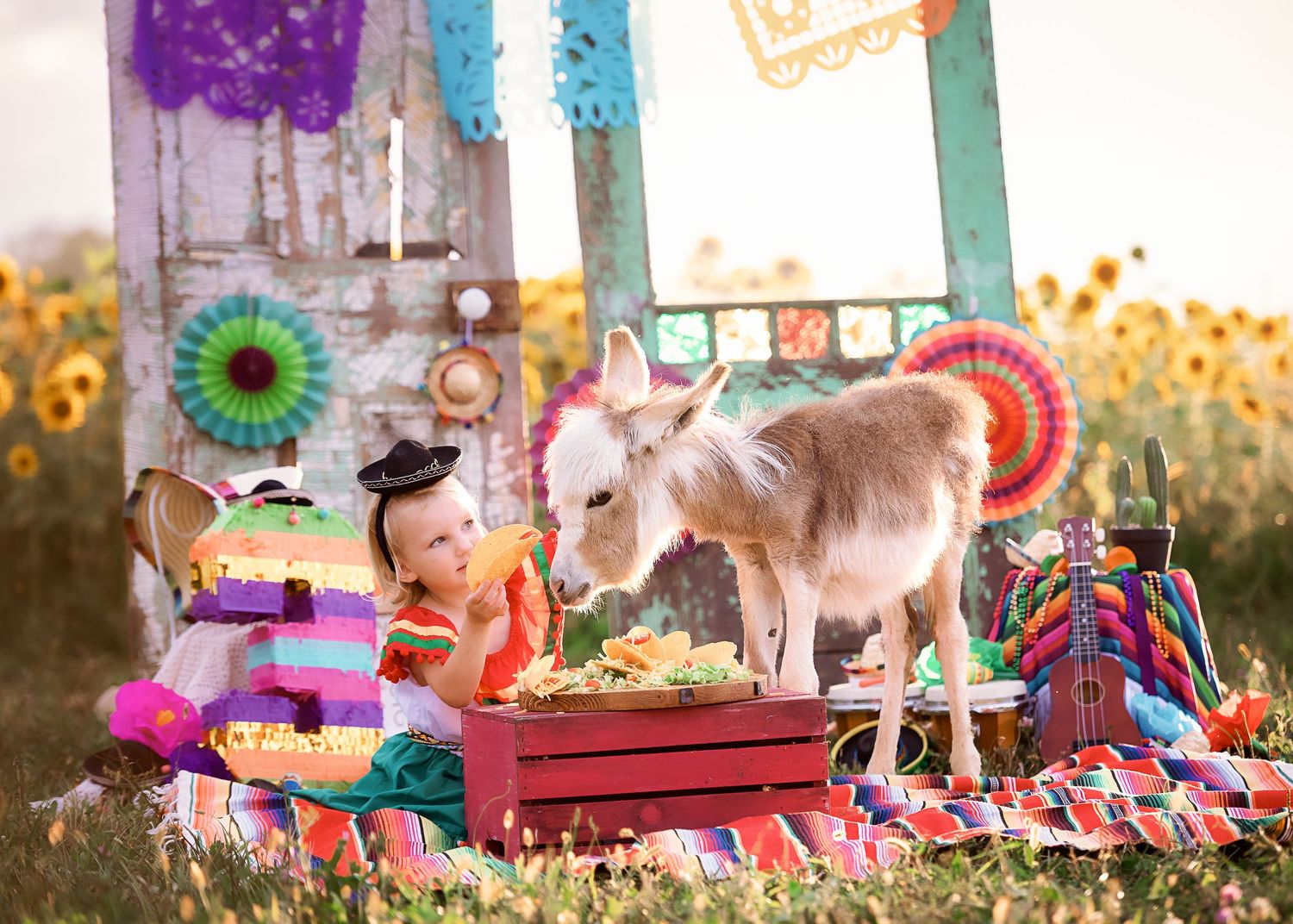 Colorful outdoor birthday party setup with decorations and toys scattered in grass at sunset.