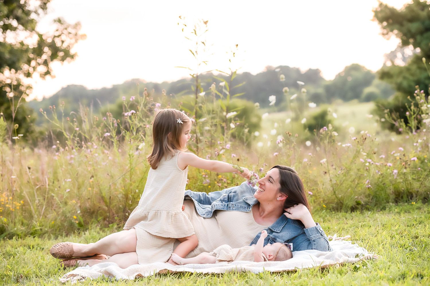 Relaxed family picnic scene in a summer meadow with tall grass.