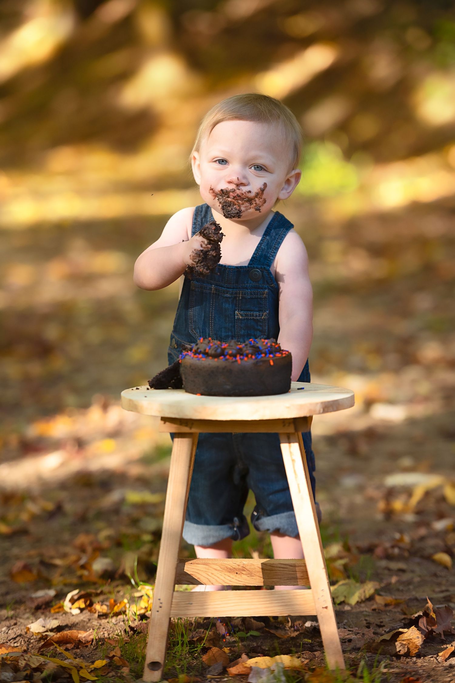 Small child in overalls sits on wooden stool among autumn leaves while eating berries.