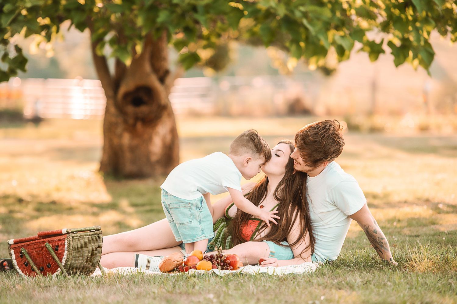 Family having a picnic under trees with a basketball and blanket spread out.