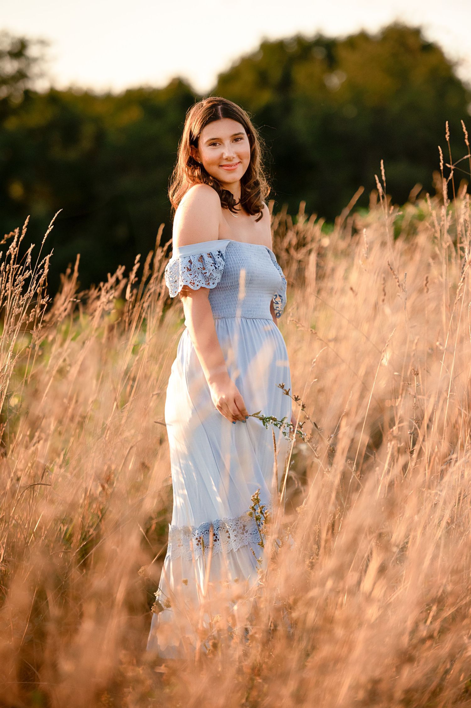 Portrait in a sunlit meadow with tall golden grass and a light blue dress.
